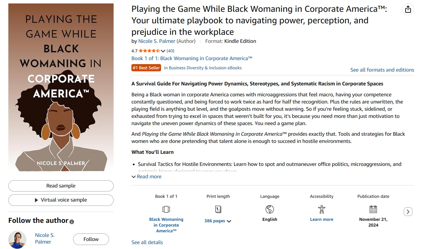 Amazon listing for Playing the Game While Black Womaning in Corporate America