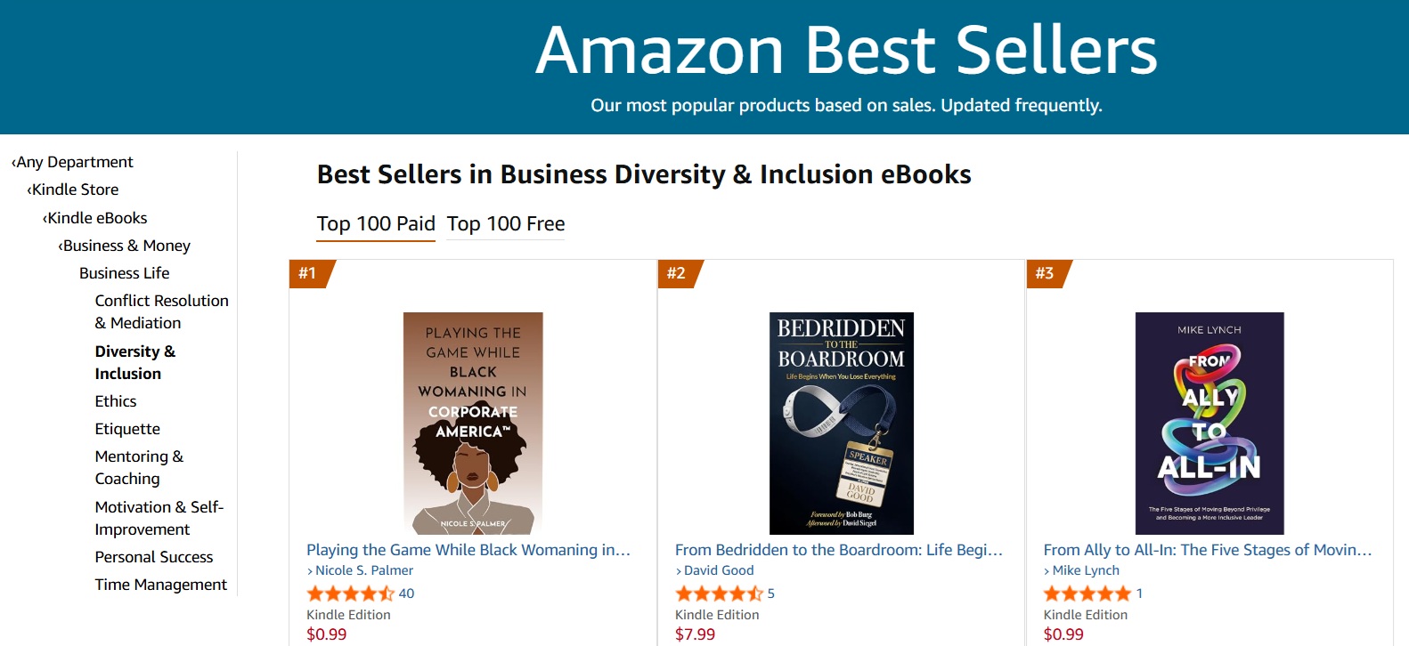 Playing the Game ranked number one on Amazon's Business Diversity and Inclusion eBooks bestseller list